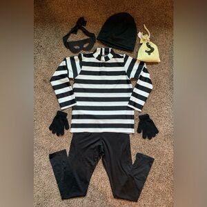 Robber, burglar Halloween preteen costume: shirt pants, gloves, hat, bag, 10/12